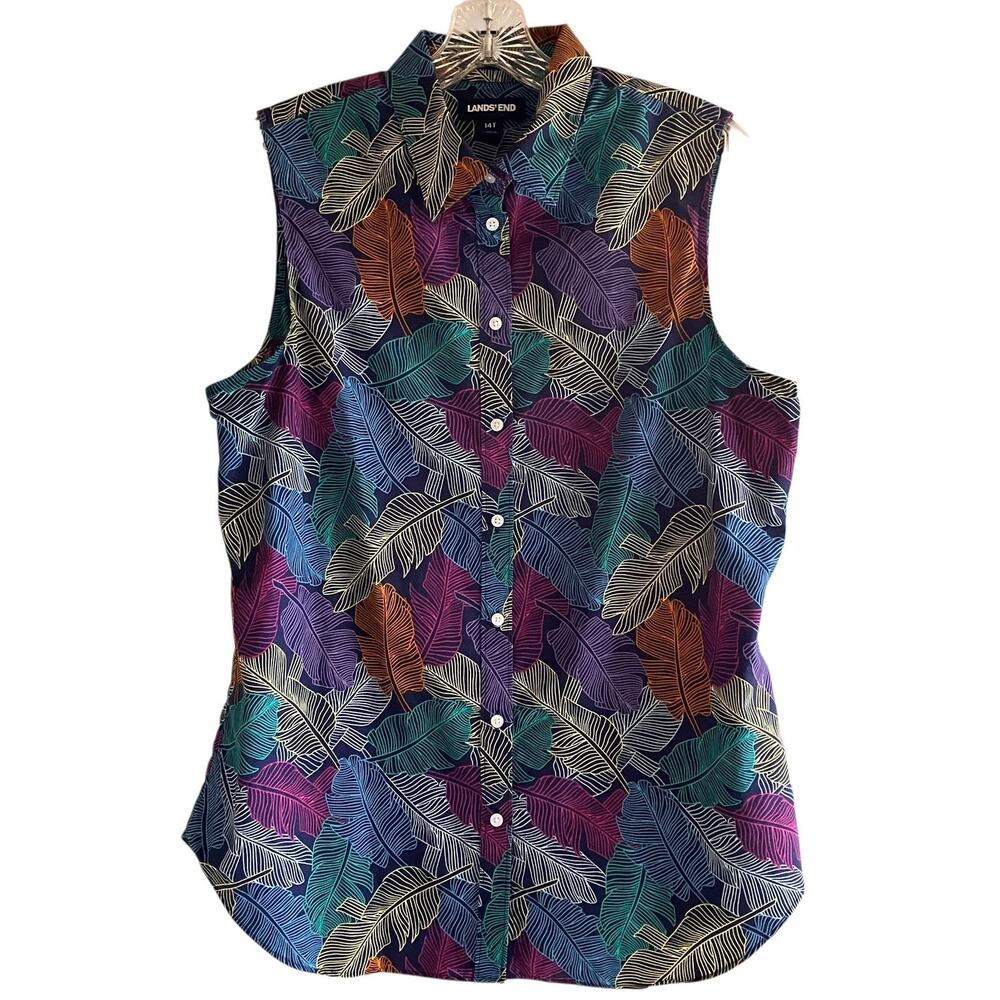 Lands' End Sleeveless Button Up Shirt Leaf Print Dark Colorful 14T 100% Cotton